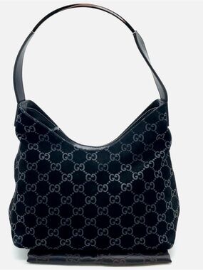Auth Gucci GG Black Suede Velvet Leather Shoulder bag W/Dustbag
